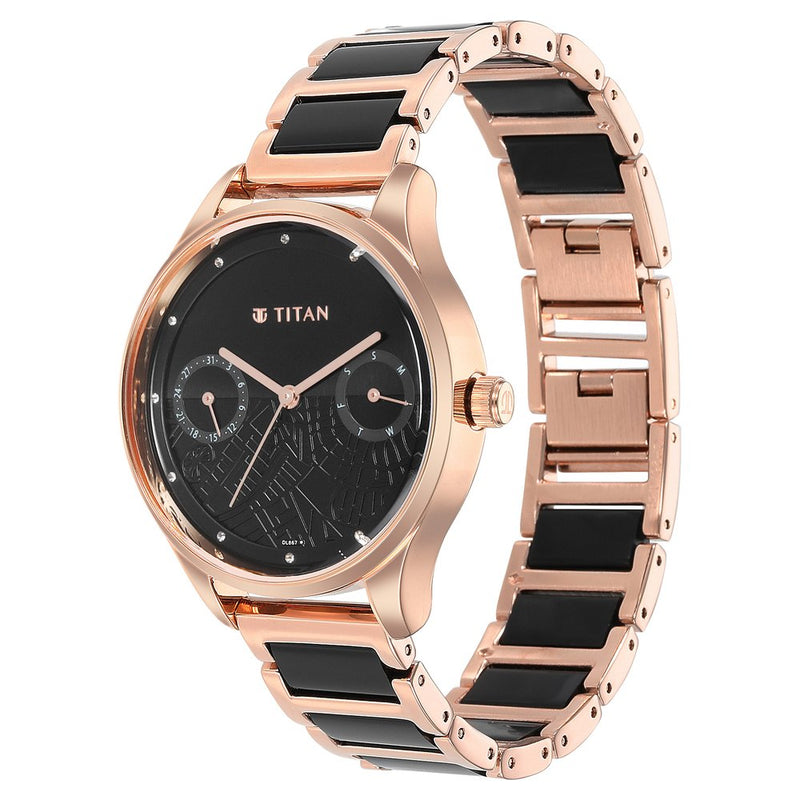 Titan Purple Acetate Black Dial Analog with Day and Date Metal and Acetate Strap Watch for Women