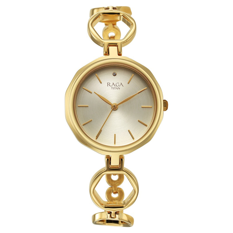 Titan Raga Viva Golden Dial Analog Quartz Metal Strap Watch for Women