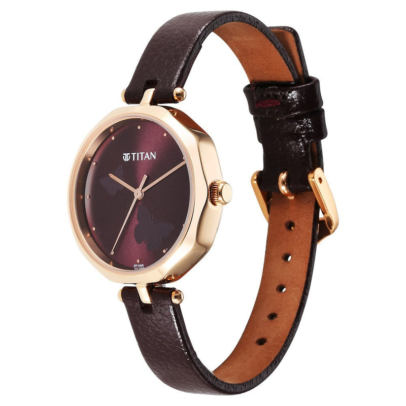 Titan Karishma Quartz Analog Maroon Dial Leather Strap Watch for Women