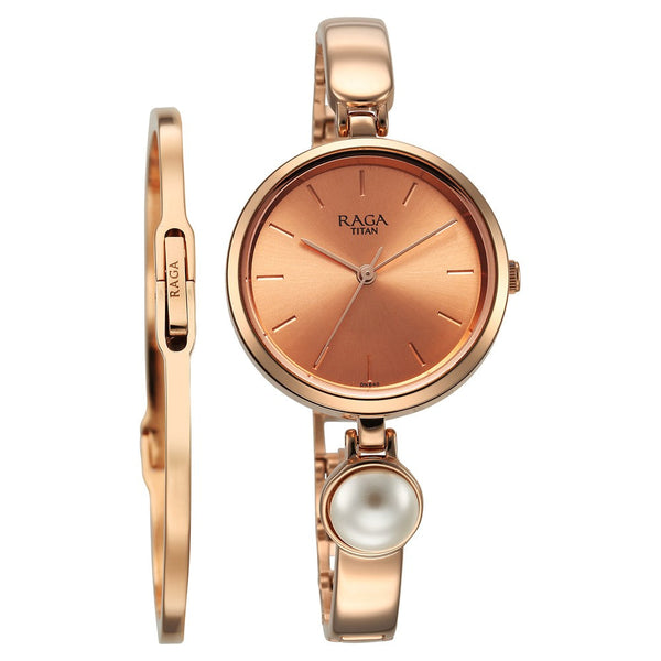 Titan Raga Power Pearls Quartz Analog Rose Gold Dial Metal Strap Watch for Women