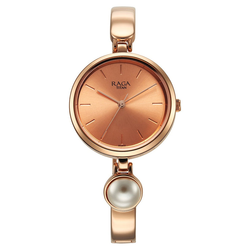 Titan Raga Power Pearls Quartz Analog Rose Gold Dial Metal Strap Watch for Women