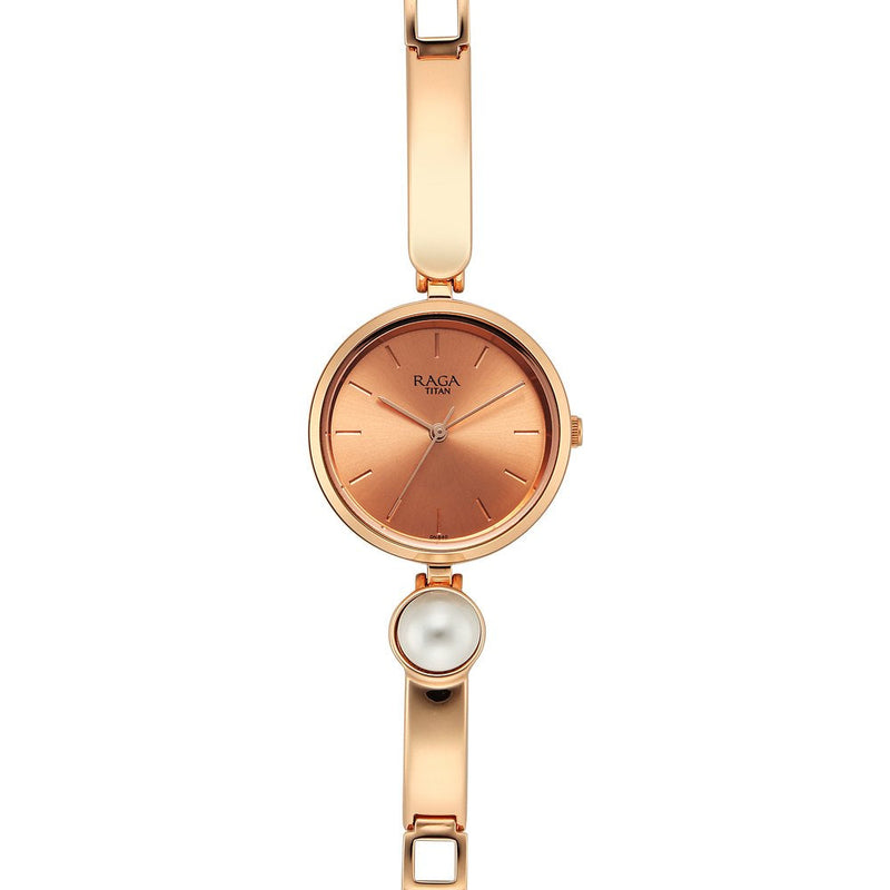 Titan Raga Power Pearls Quartz Analog Rose Gold Dial Metal Strap Watch for Women