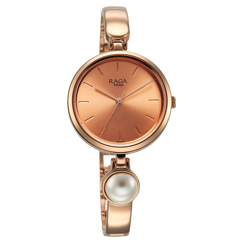 Titan Raga Power Pearls Quartz Analog Rose Gold Dial Metal Strap Watch for Women