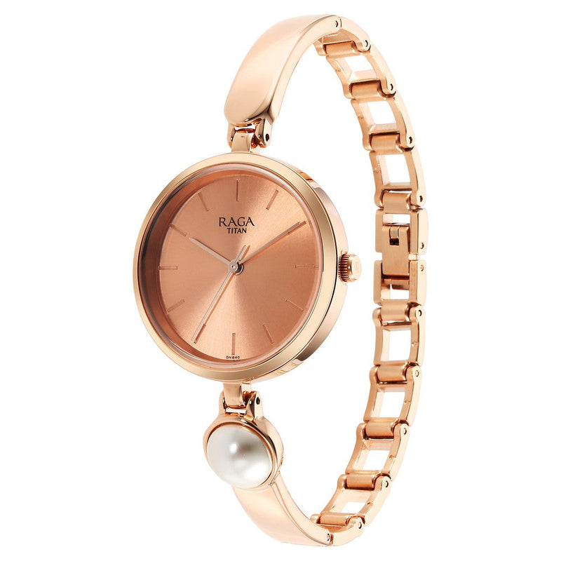 Titan Raga Power Pearls Quartz Analog Rose Gold Dial Metal Strap Watch for Women