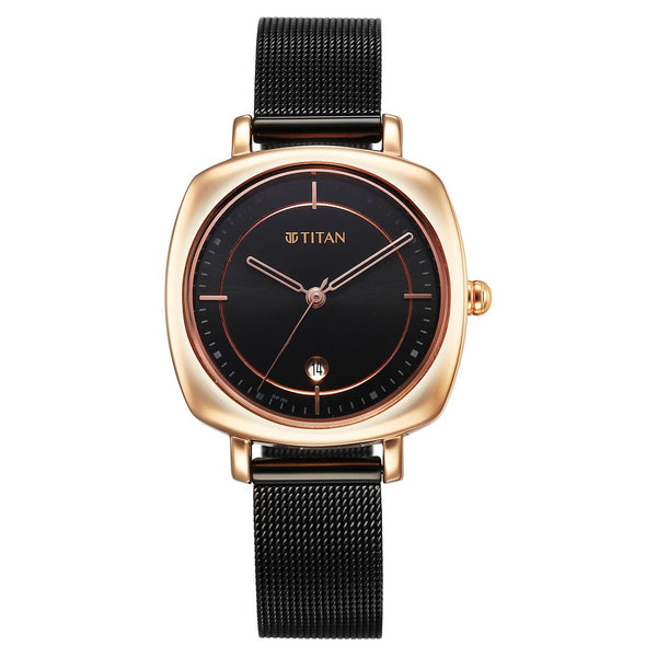 Titan Shaped Case Black Dial Metal Strap Watch