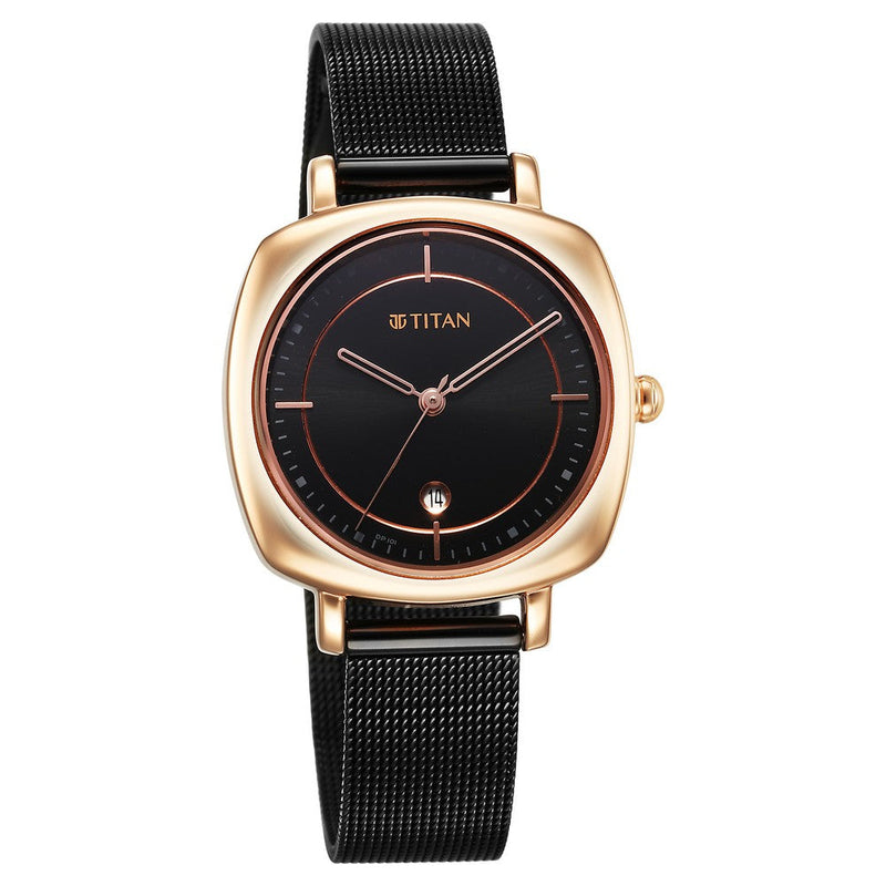 Titan Shaped Case Black Dial Metal Strap Watch