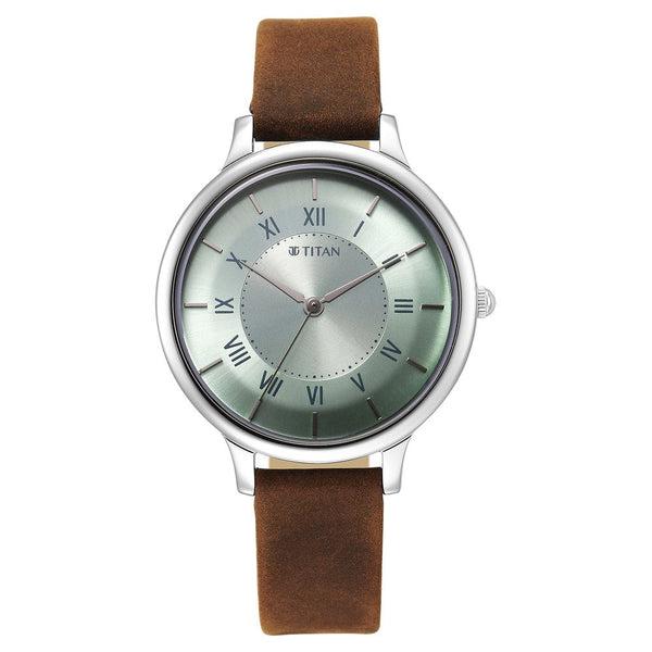 Titan Workwear Quartz Analog Silver Dial Brown Leather Strap Watch For Women