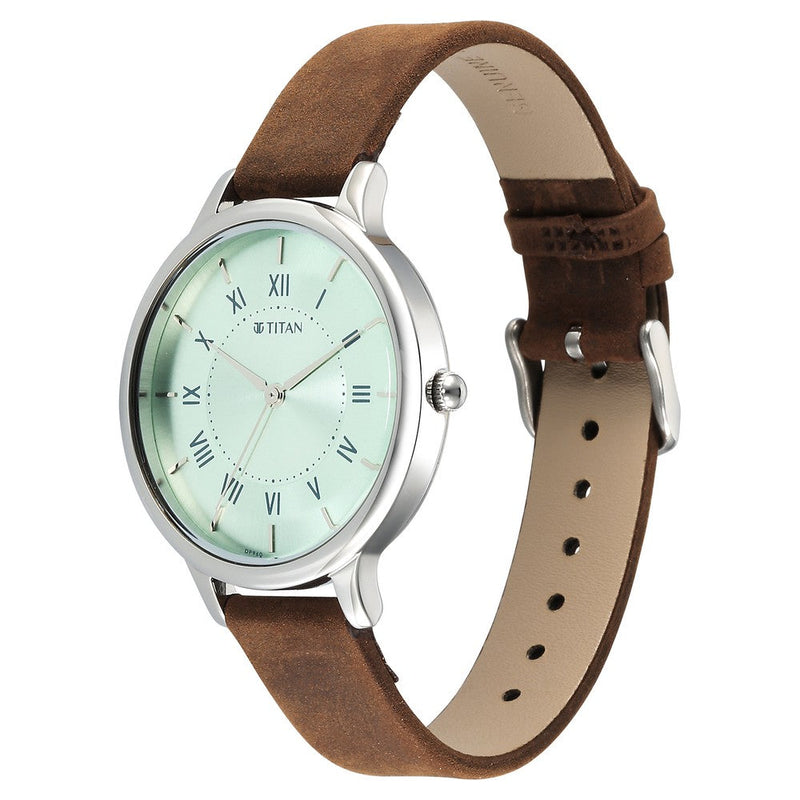 Titan Workwear Quartz Analog Silver Dial Brown Leather Strap Watch For Women