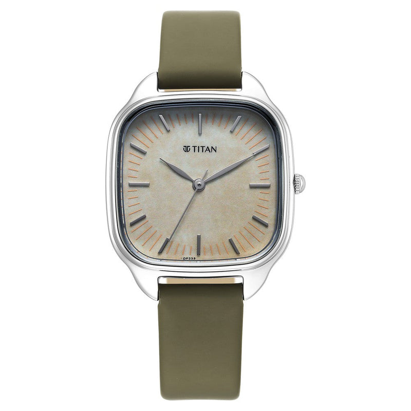 Titan Workwear Quartz Analog Beige Dial Green Leather Strap Watch For Women