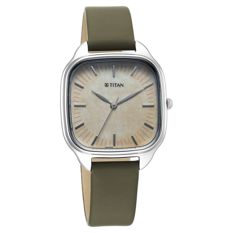 Titan Workwear Quartz Analog Beige Dial Green Leather Strap Watch For Women