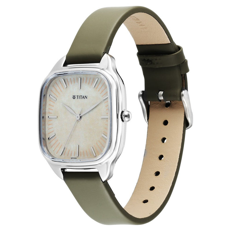 Titan Workwear Quartz Analog Beige Dial Green Leather Strap Watch For Women