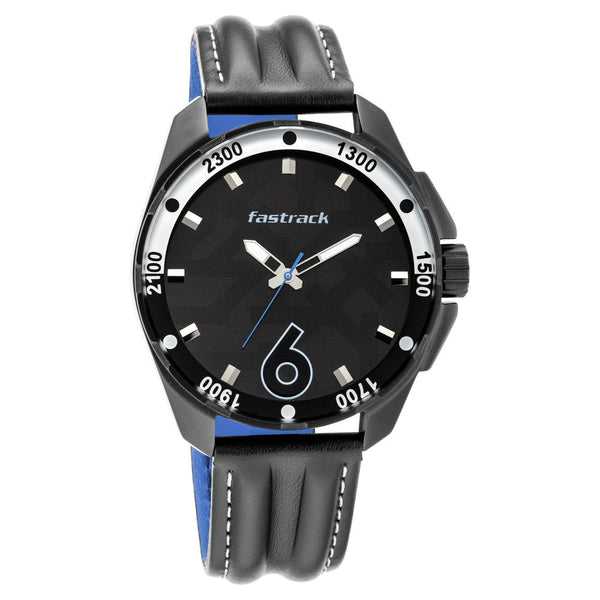 Fastrack Hitlist Quartz Analog with Day and Date Black Dial Leather Strap Watch for Guys