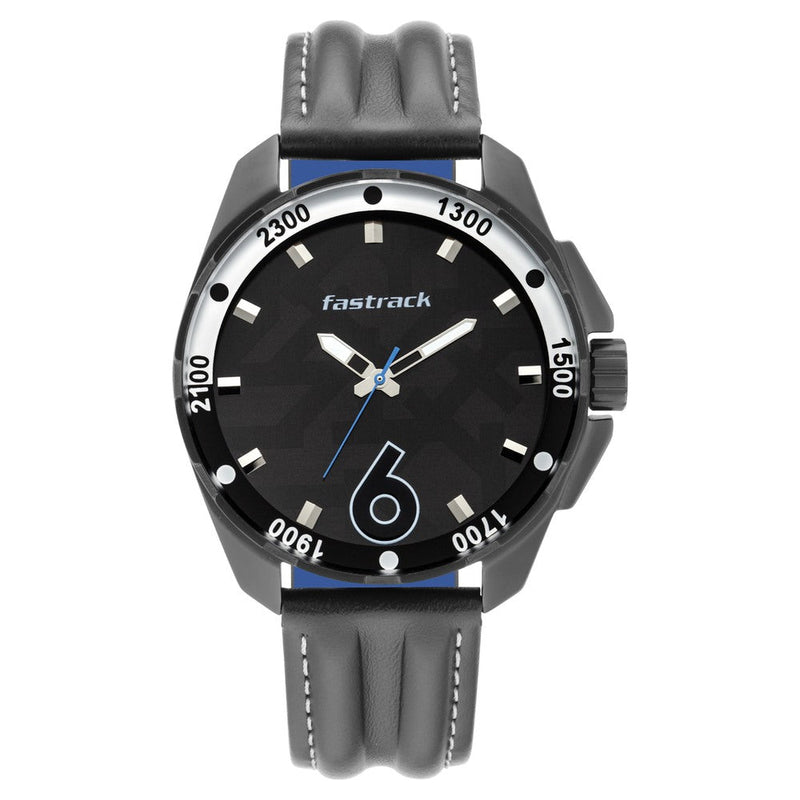 Fastrack Hitlist Quartz Analog with Day and Date Black Dial Leather Strap Watch for Guys