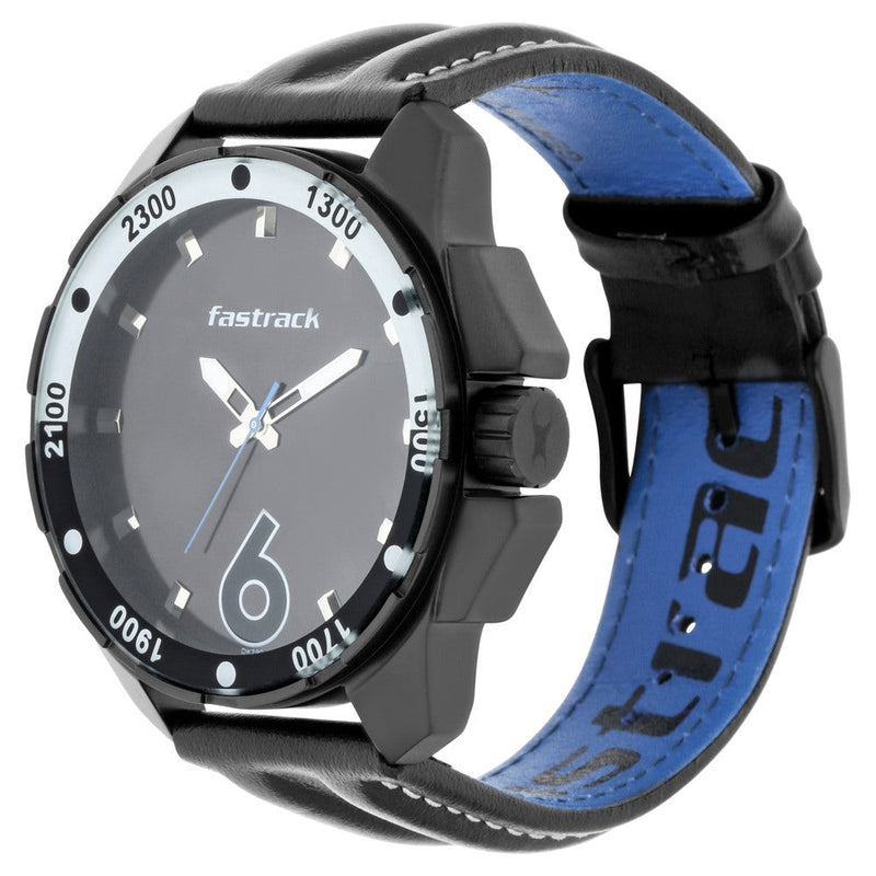 Fastrack Hitlist Quartz Analog with Day and Date Black Dial Leather Strap Watch for Guys