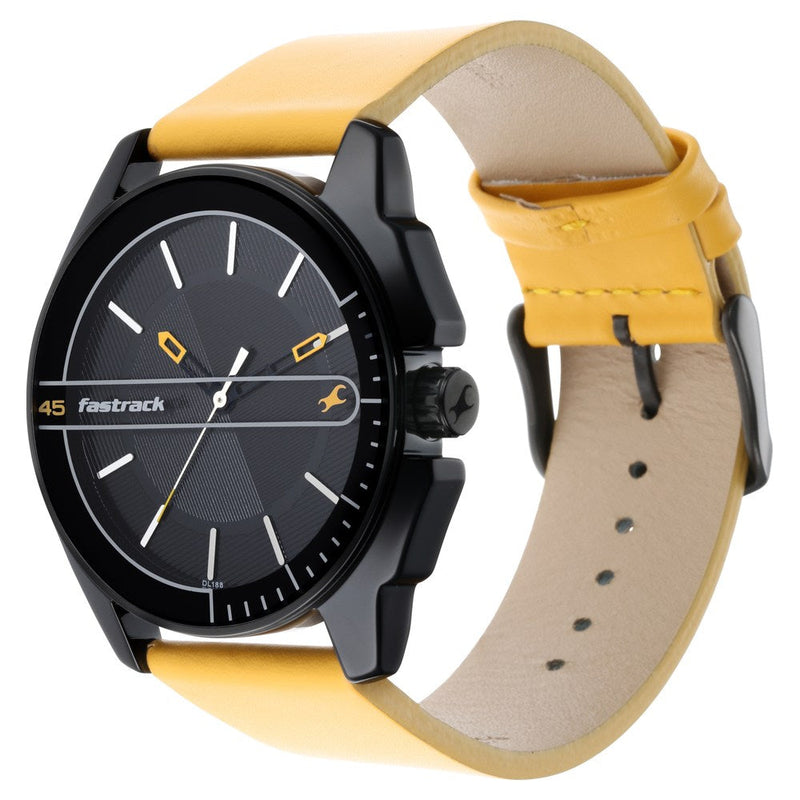 Fastrack Wear Your Look Quartz Analog Black Dial Leather Strap Watch for Guys