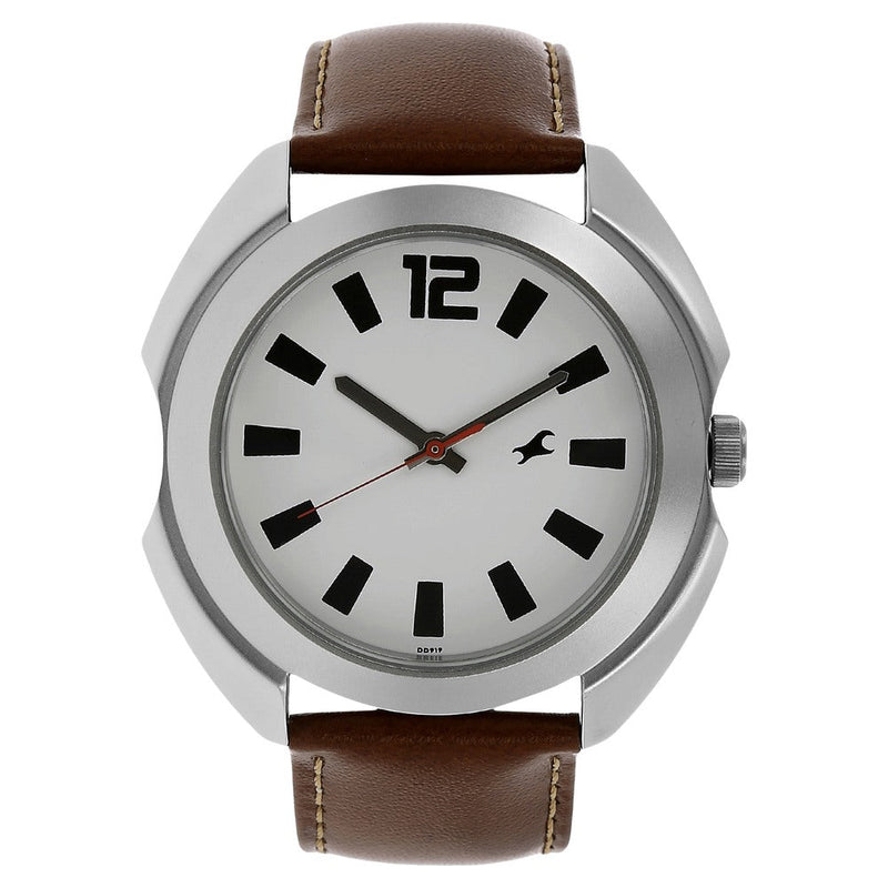 Fastrack Quartz Analog White Dial Leather Strap Watch for Guys