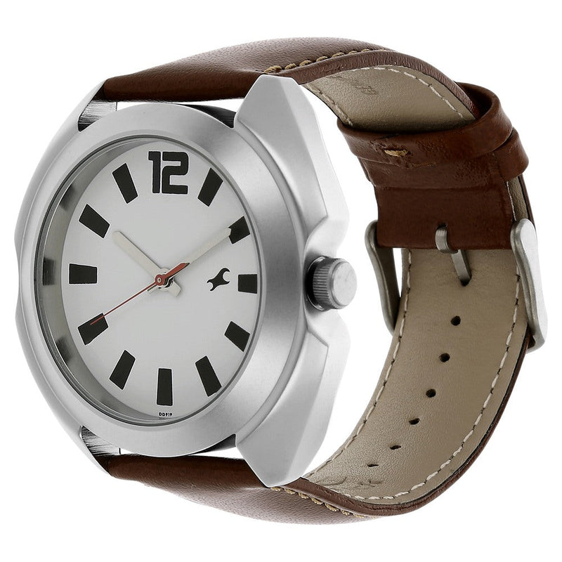 Fastrack Quartz Analog White Dial Leather Strap Watch for Guys