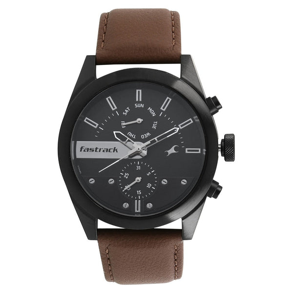 Fastrack All Nighters Quartz Multifunction Black Dial Leather Strap Watch for Guys