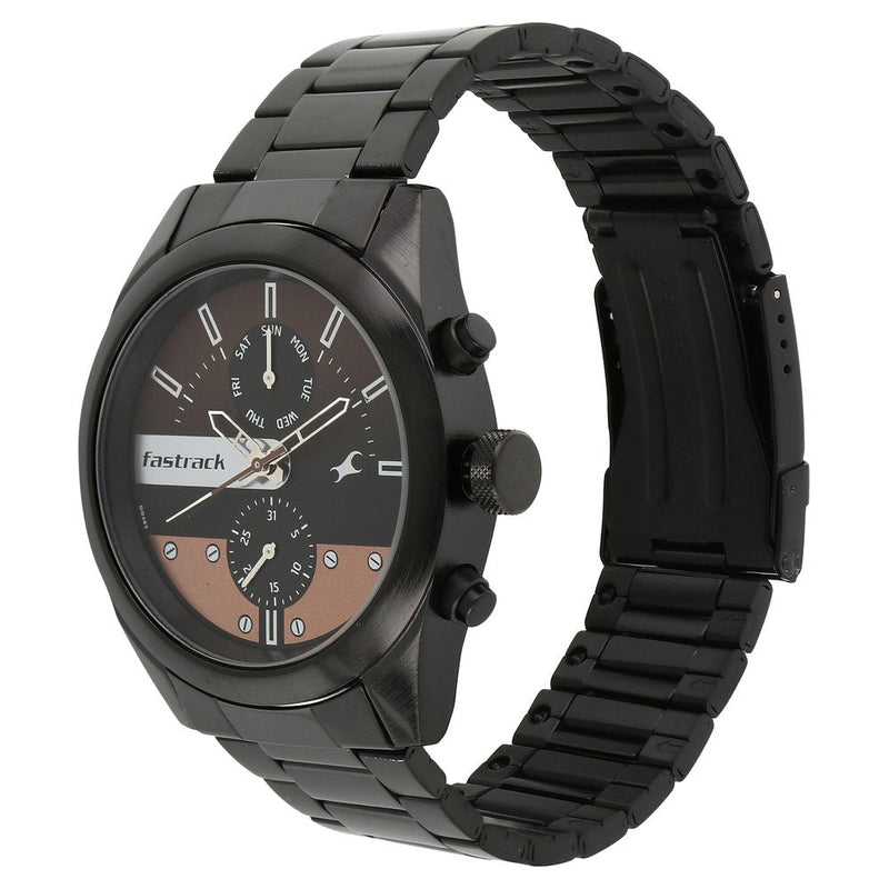 Fastrack All Nighters Quartz Multifunction Brown Dial Metal Strap Watch for Guys