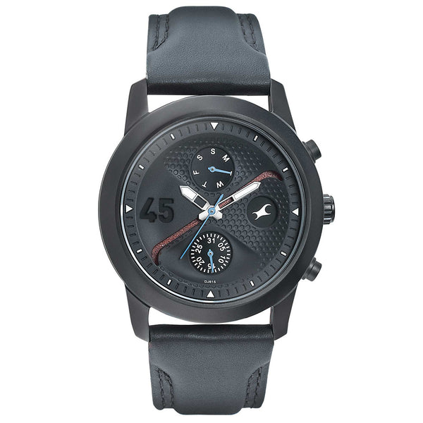 Fastrack Go Skate Quartz Multifunction Black Dial Leather Strap Watch for Guys