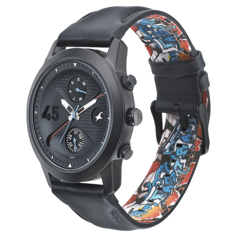 Fastrack Go Skate Quartz Multifunction Black Dial Leather Strap Watch for Guys