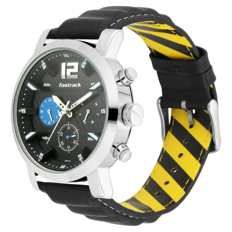 Fastrack Fastfit Quartz Multifunction Black Dial Leather Strap Watch for Guys