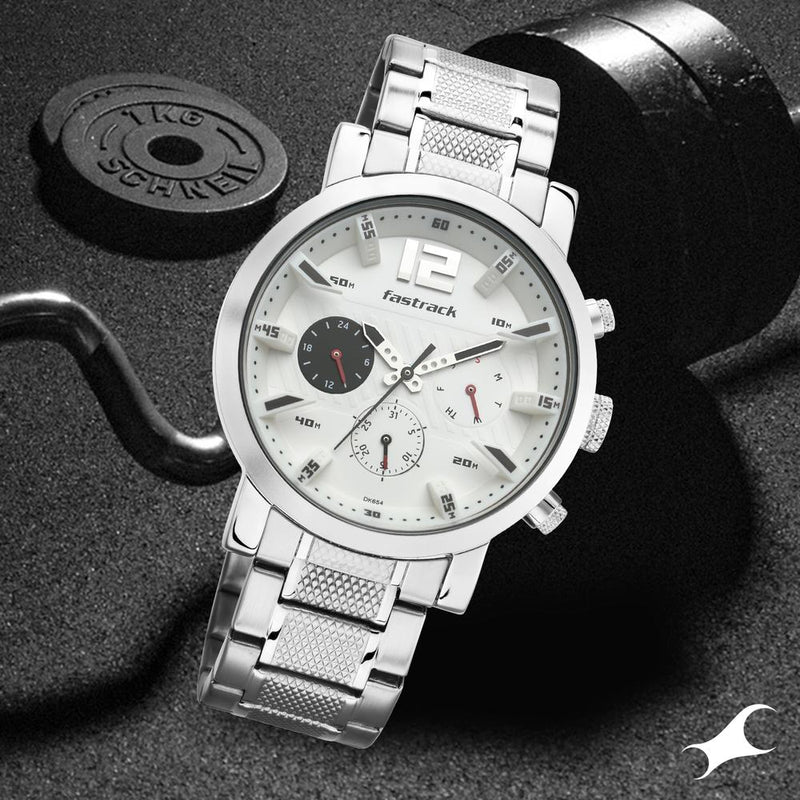 Fastrack Fastfit Quartz Multifunction White Dial Stainless Steel Strap Watch for Guys