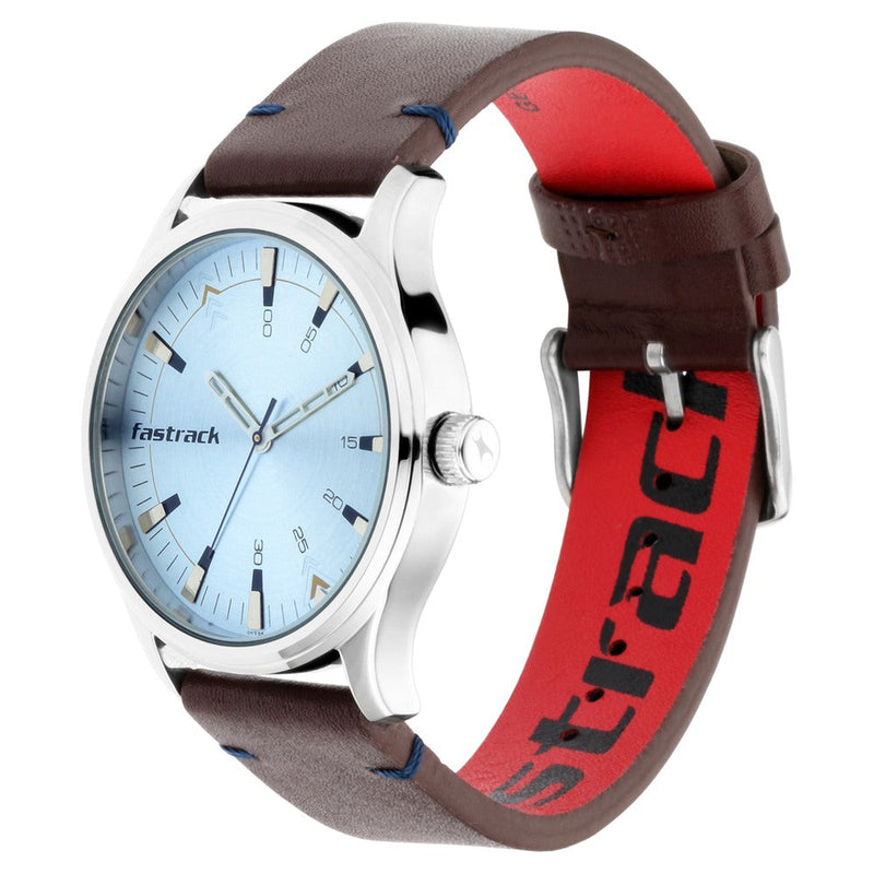 Fastrack I Love Me Quartz Analog Blue Dial Leather Strap Watch for Guys