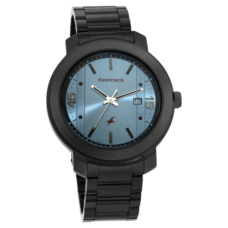 Fastrack Bare Basics Quartz Analog with Date Blue Dial Stainless Steel Strap Watch for Guys