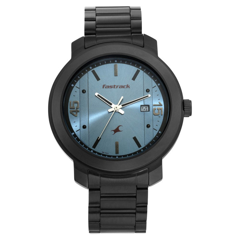 Fastrack Bare Basics Quartz Analog with Date Blue Dial Stainless Steel Strap Watch for Guys