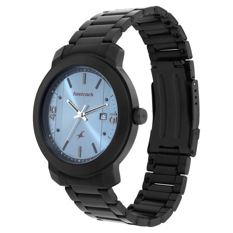 Fastrack Bare Basics Quartz Analog with Date Blue Dial Stainless Steel Strap Watch for Guys