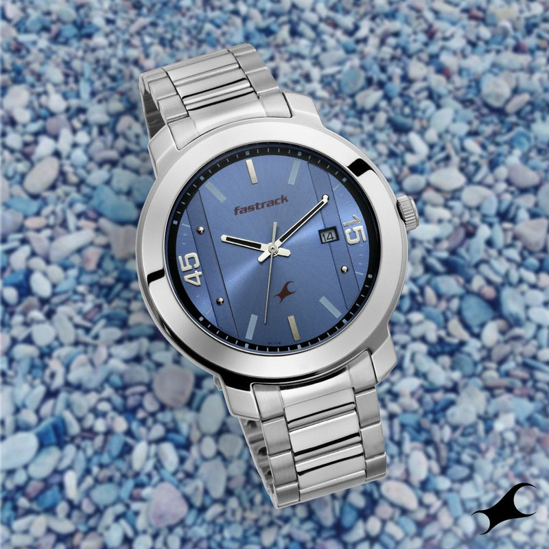 Fastrack Bare Basics Quartz Analog with Date Blue Dial Stainless Steel Strap Watch for Guys