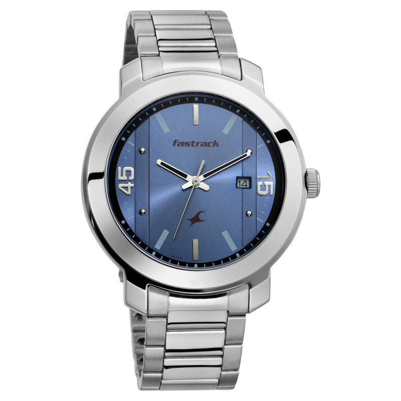 Fastrack Bare Basics Quartz Analog with Date Blue Dial Stainless Steel Strap Watch for Guys