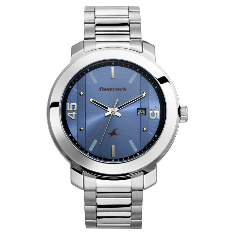 Fastrack Bare Basics Quartz Analog with Date Blue Dial Stainless Steel Strap Watch for Guys