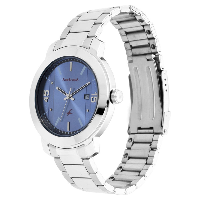 Fastrack Bare Basics Quartz Analog with Date Blue Dial Stainless Steel Strap Watch for Guys