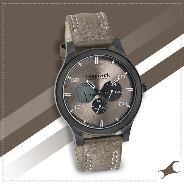 Fastrack Dial It Up Quartz Analog Beige Dial Leather Strap Watch for Guys