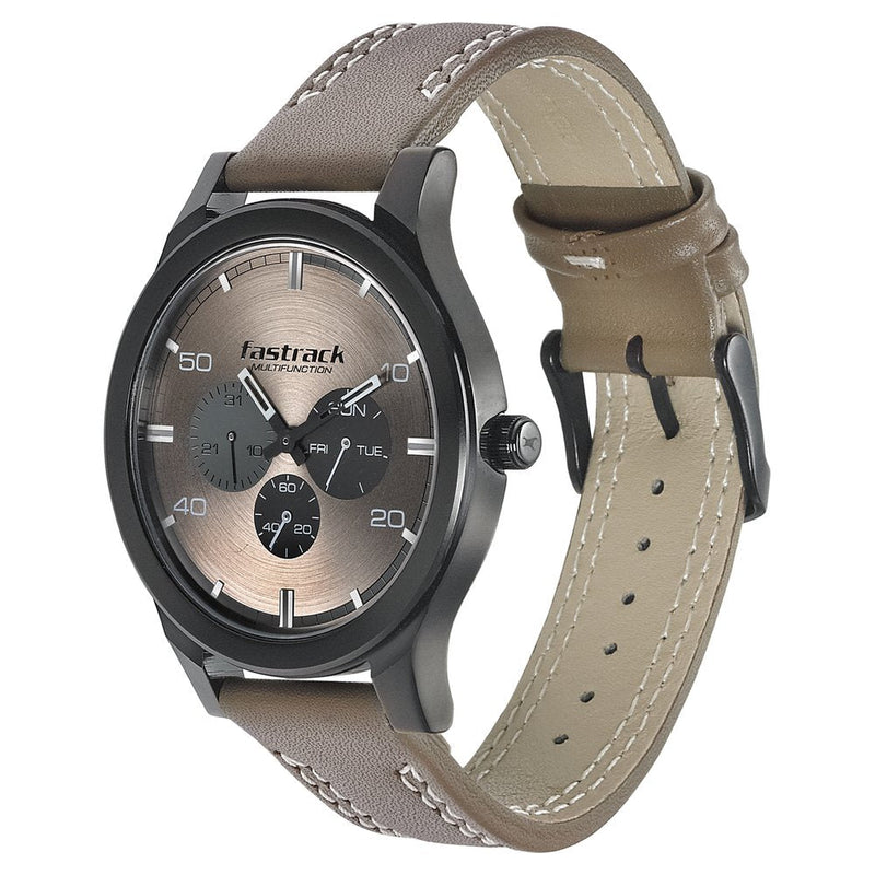 Fastrack Dial It Up Quartz Analog Beige Dial Leather Strap Watch for Guys