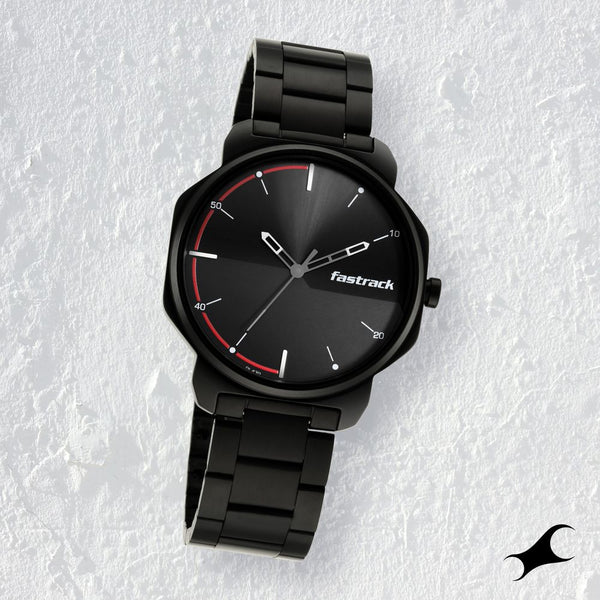 Fastrack Stunners Quartz Analog Black Dial Metal Strap Watch for Guys