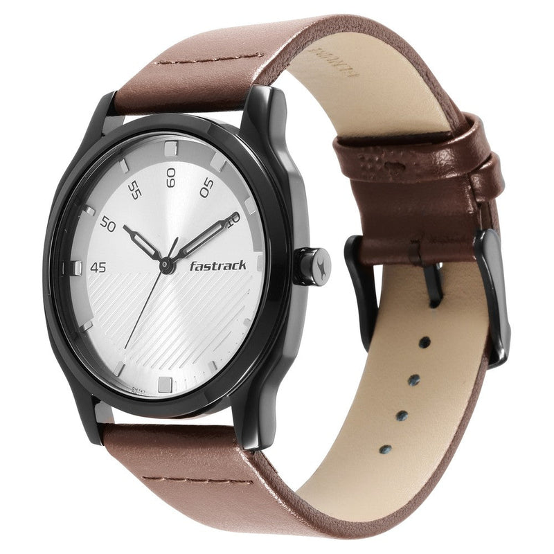 Fastrack Stunners Quartz Analog Silver Dial Leather Strap Watch for Guys