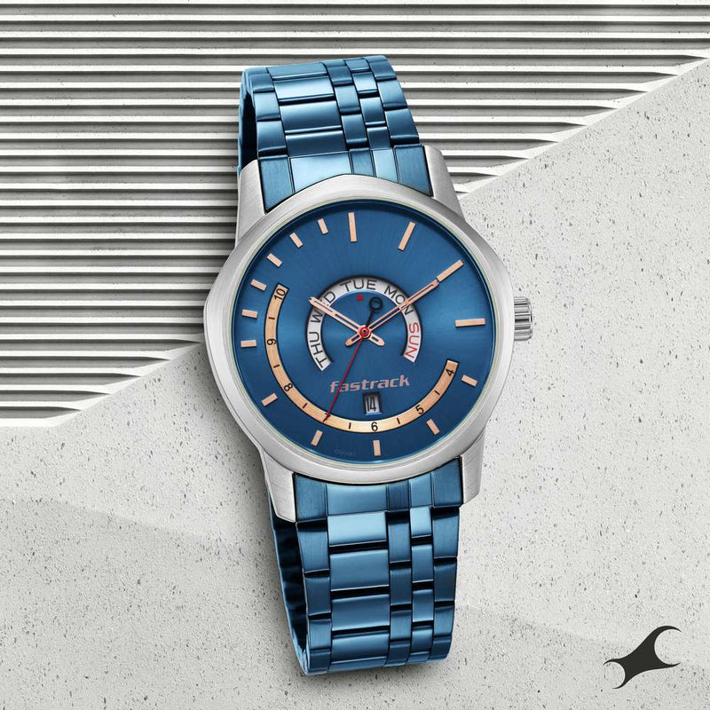 Fastrack Exuberant Quartz Analog with Day and Date Blue Dial Metal Strap Watch for Guys