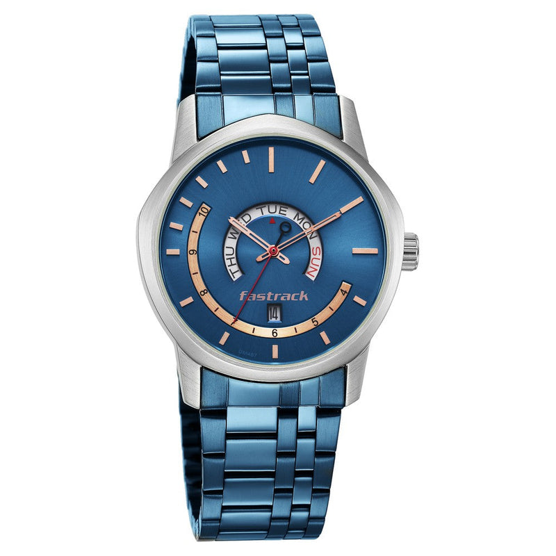 Fastrack Exuberant Quartz Analog with Day and Date Blue Dial Metal Strap Watch for Guys