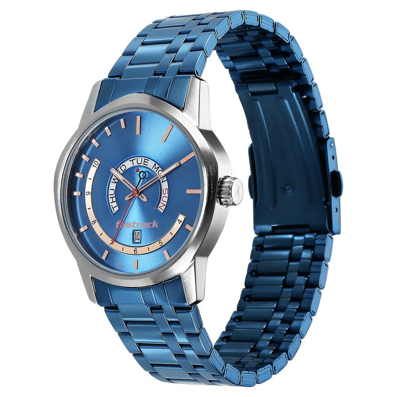 Fastrack Exuberant Quartz Analog with Day and Date Blue Dial Metal Strap Watch for Guys