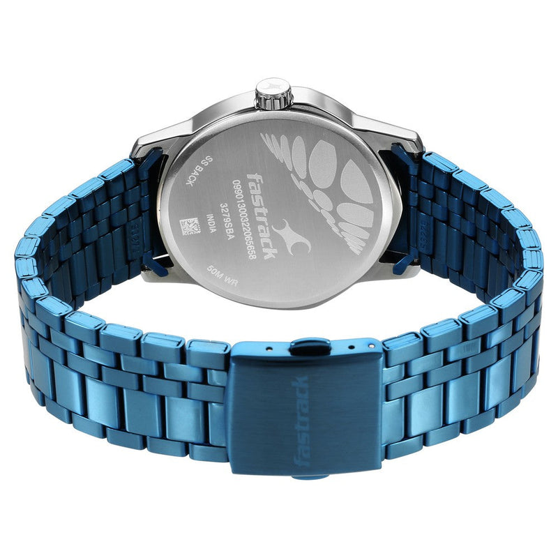 Fastrack Exuberant Quartz Analog with Day and Date Blue Dial Metal Strap Watch for Guys