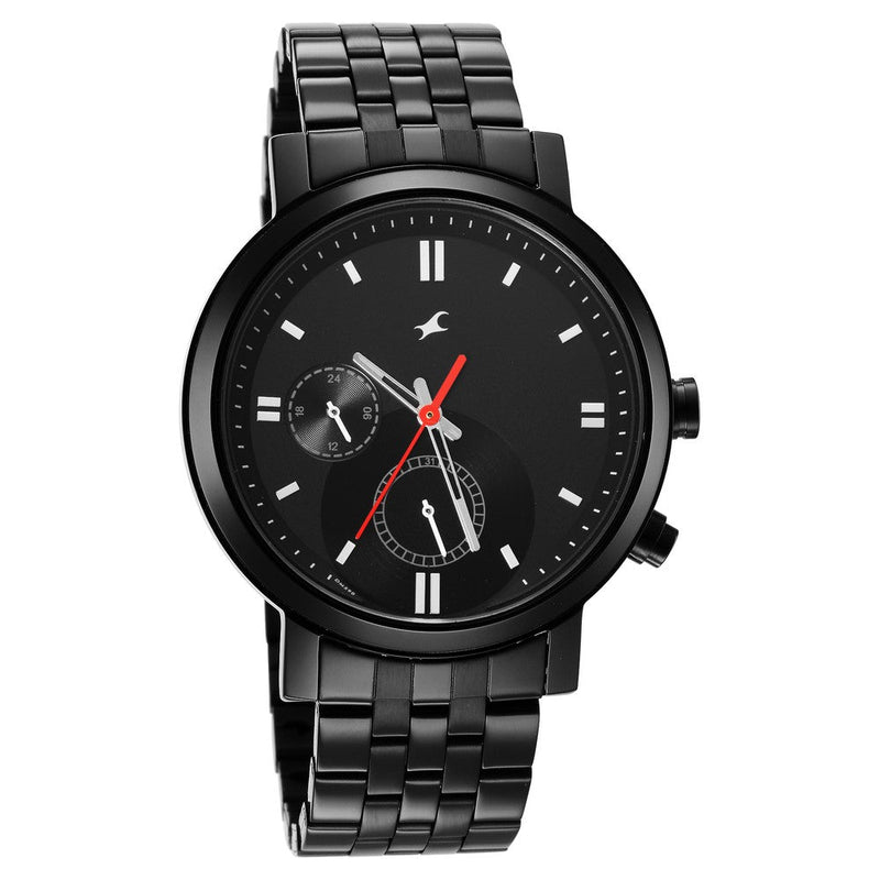 Fastrack Tick Tock Quartz Analog Black Dial Metal Strap Watch for Guys