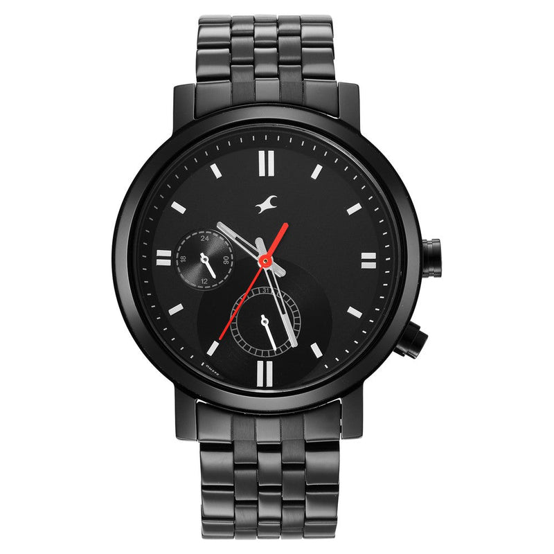 Fastrack Tick Tock Quartz Analog Black Dial Metal Strap Watch for Guys