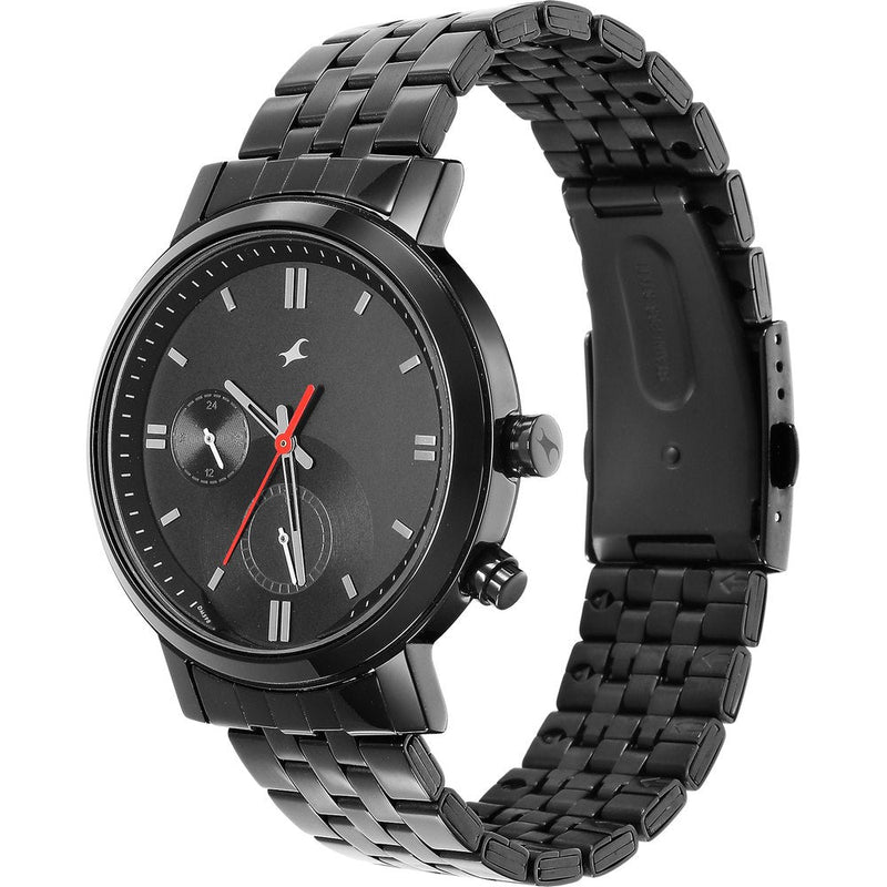 Fastrack Tick Tock Quartz Analog Black Dial Metal Strap Watch for Guys