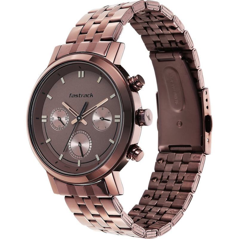 Fastrack Tick Tock Quartz Analog Brown Dial Metal Strap Watch for Guys