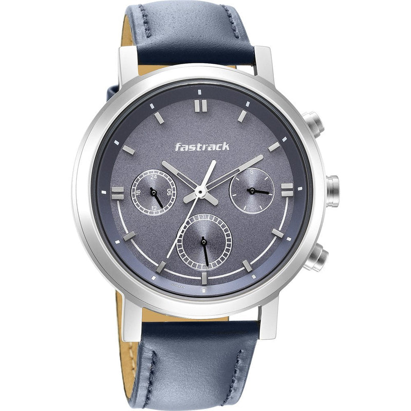 Fastrack Tick Tock Quartz Analog Blue Dial Leather Strap Watch for Guys