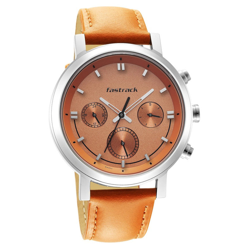 Fastrack Tick Tock Quartz Multifunction Orange Dial Leather Strap Watch for Guys