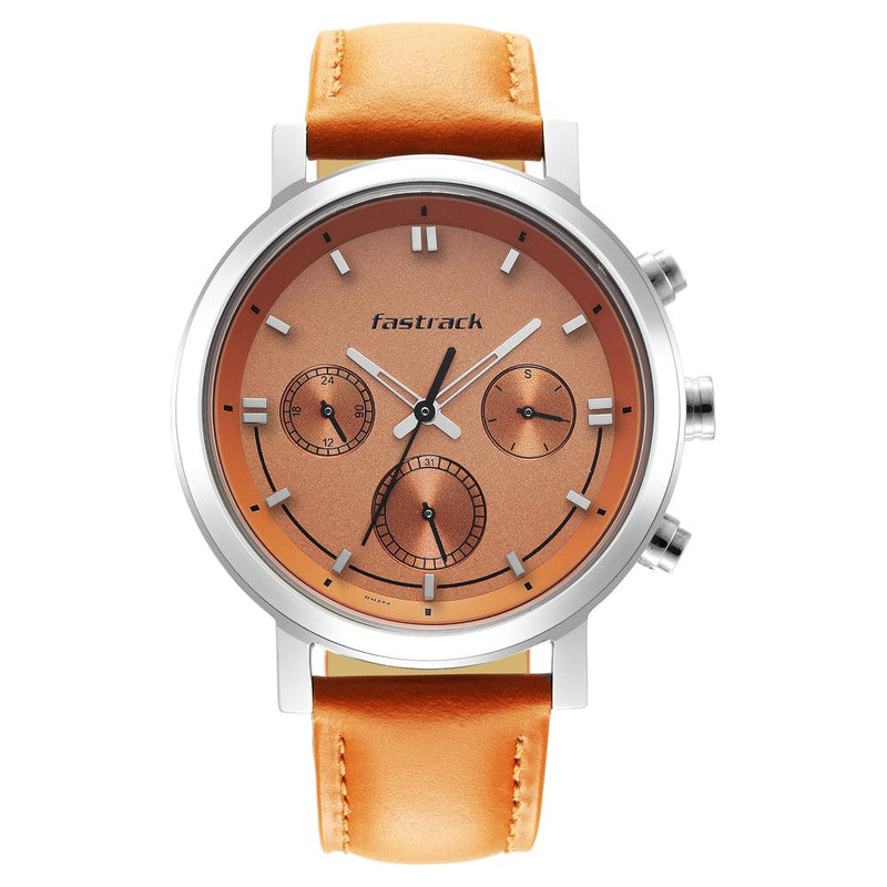 Fastrack Tick Tock Quartz Multifunction Orange Dial Leather Strap Watch for Guys